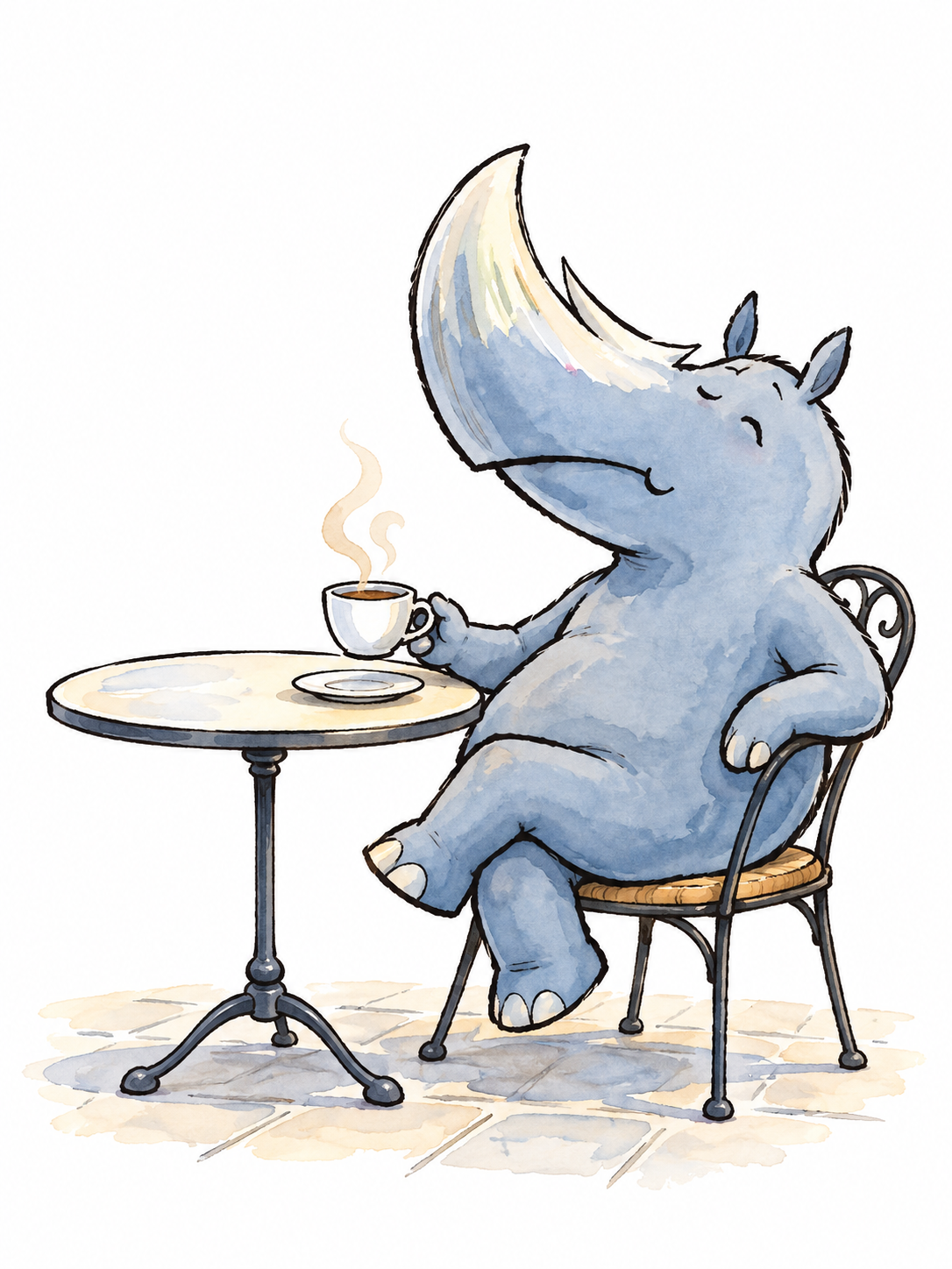 En tecknad noshörning med en kopp kaffe