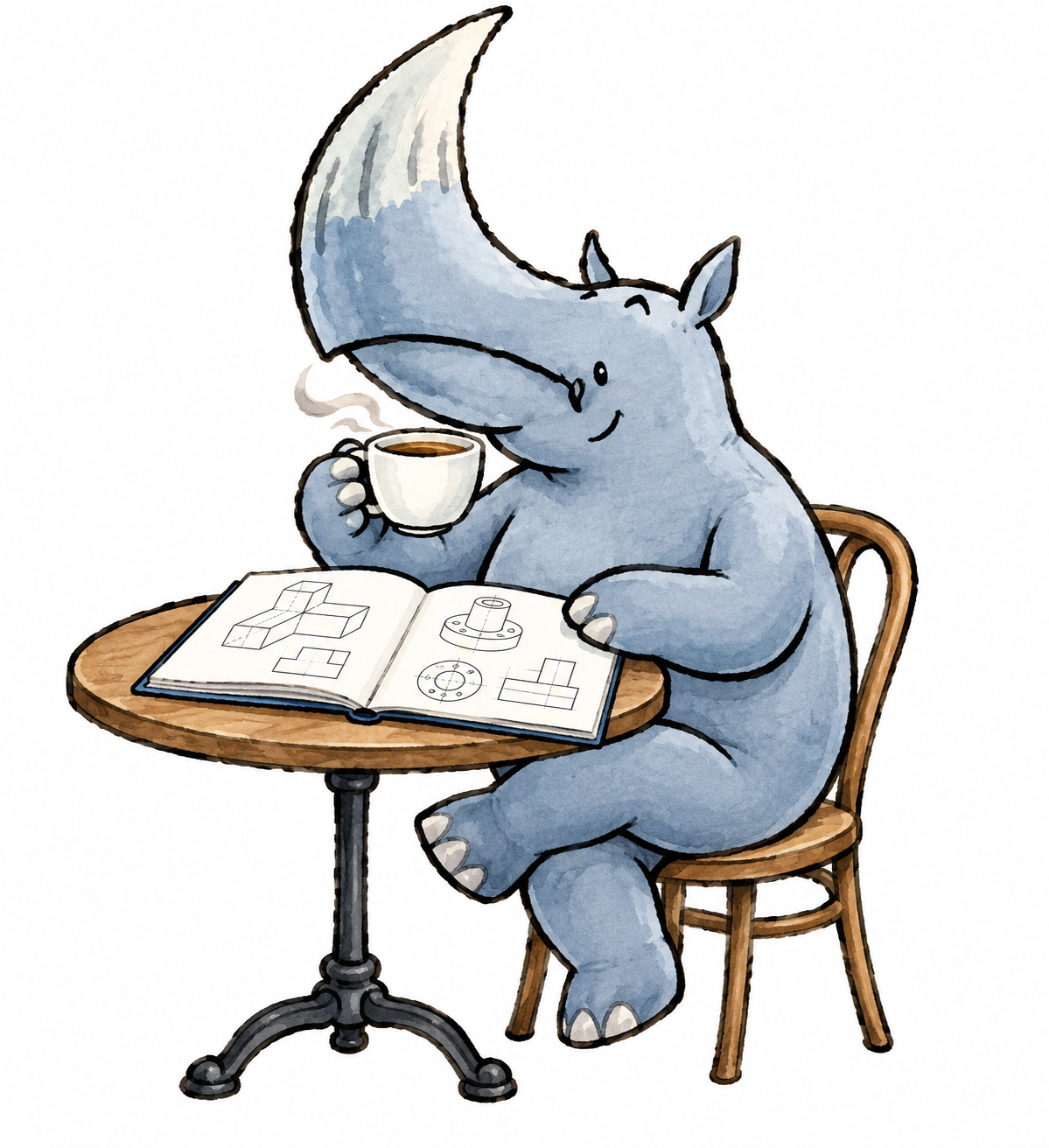A cheerful rhinoceros enjoying a coffee while reading a modelling workbook
