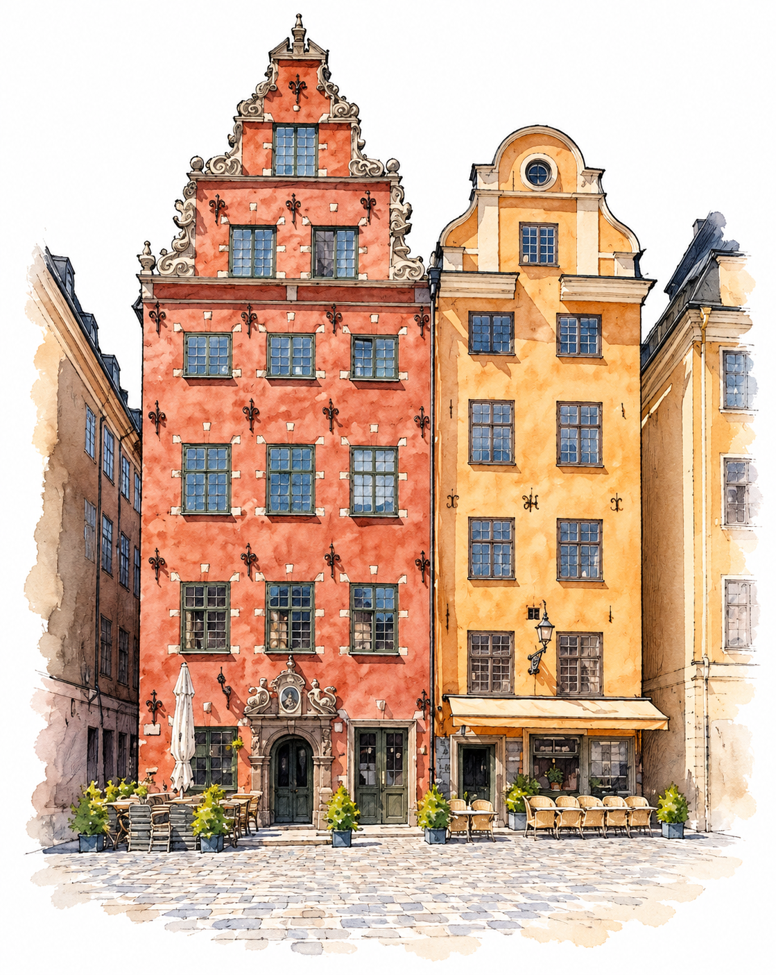 Watercolour drawing of the red and ochre historic buildings on Stortorget