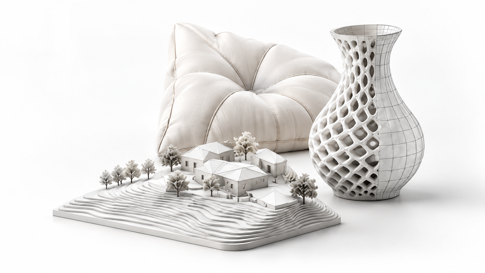Cushion, sculptural vase and architectural terrain model