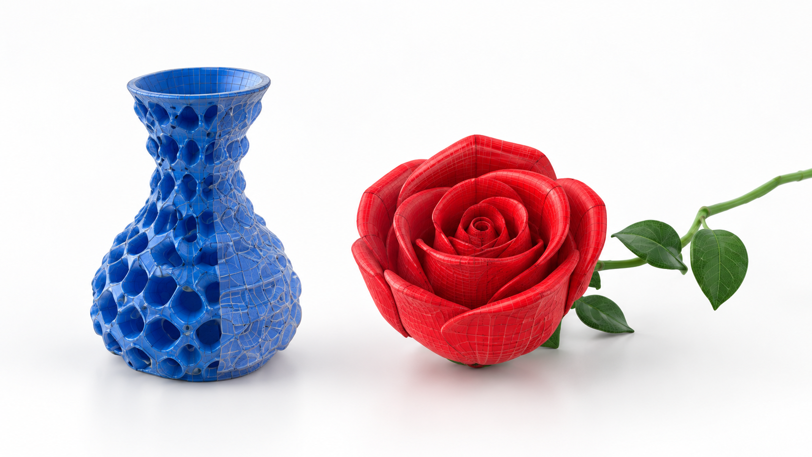 Blue patterned vase and red rose with surface curves