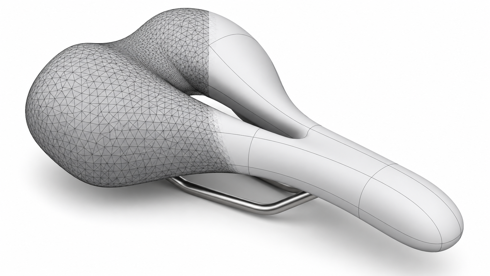 Bicycle saddle transitioning from triangulated mesh to smooth NURBS surfaces
