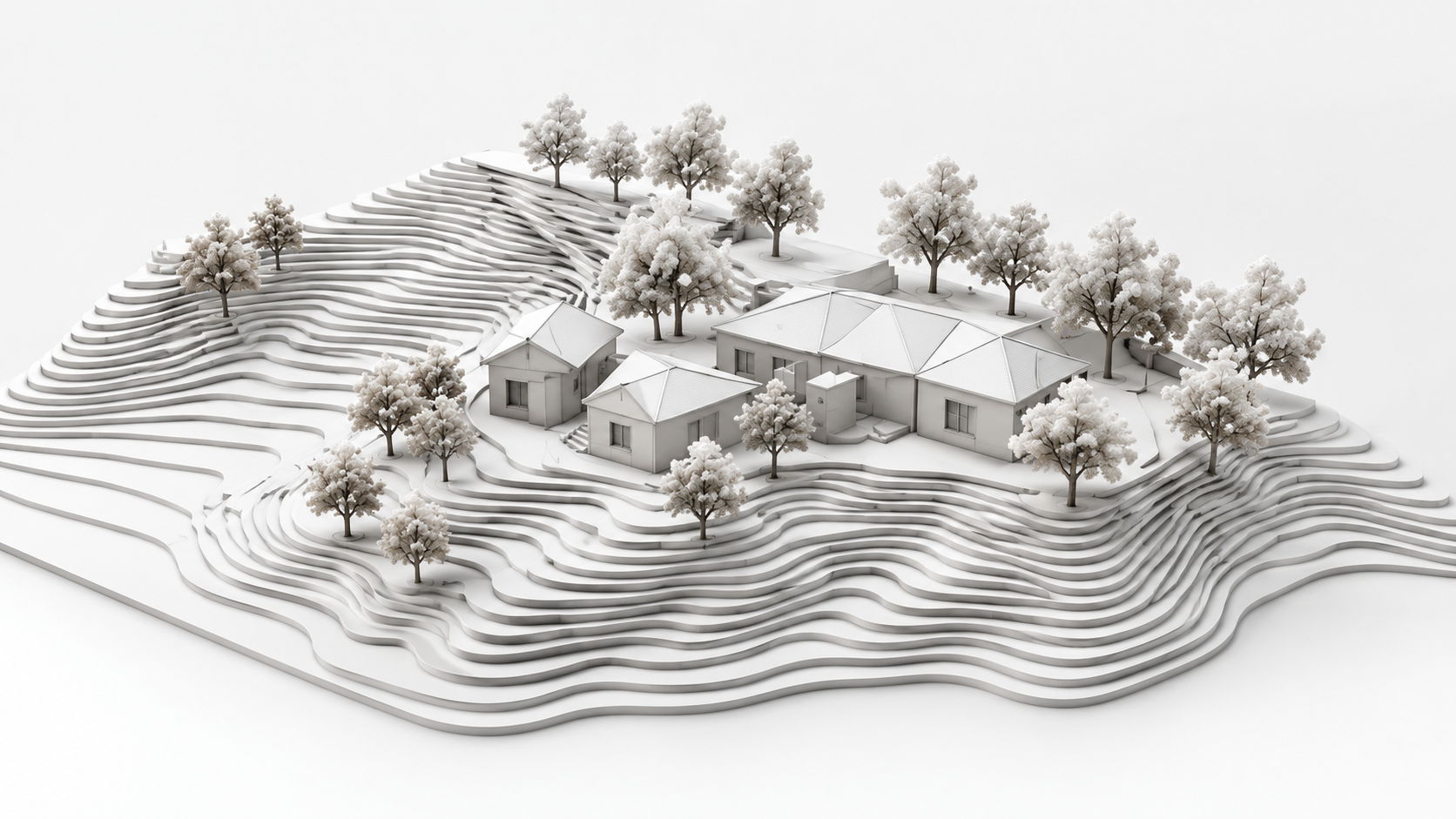 Contour terrain model with buildings and trees